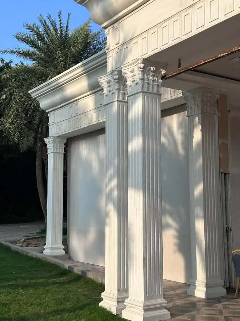 Princess Golf: The entrance portico: fluted pilasters and columns under a dentilled entablature