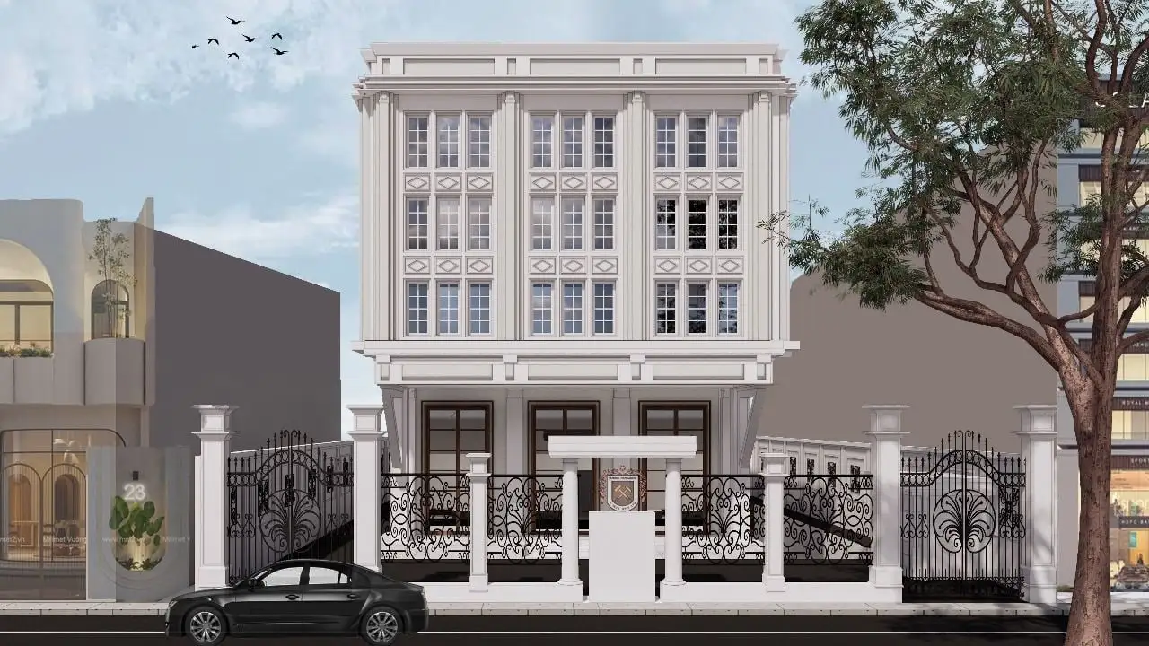 Design render of Sandur Manganese & Iron Ores office: Design render of the front: pilasters, cornices and panels between the windows, behind classical gate pillars