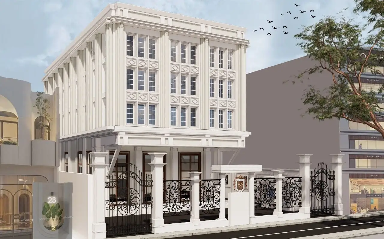 Design render of Sandur Manganese & Iron Ores office: Design render from the corner, showing the cornice and pilasters on both faces